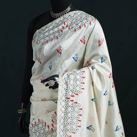 White - Bengal Hand Embroidery Silk Nakshi Kantha Saree 13