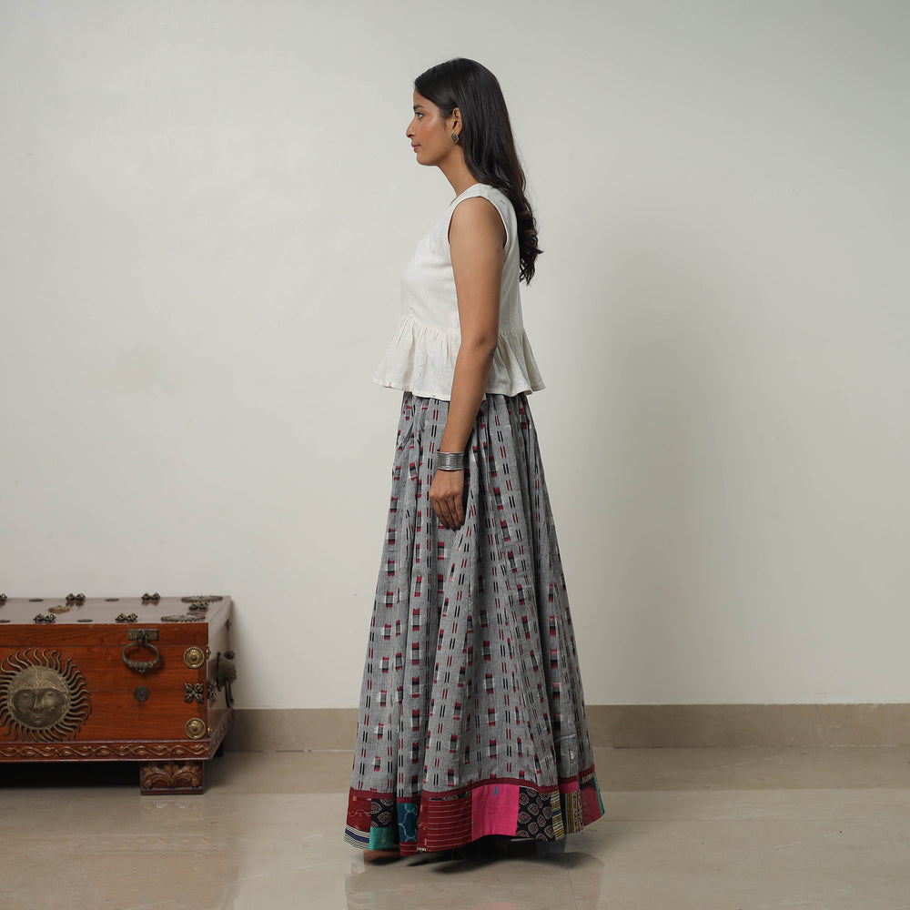 Grey - 24 Kali Cotton Pochampally Ikat Skirt with Border 29