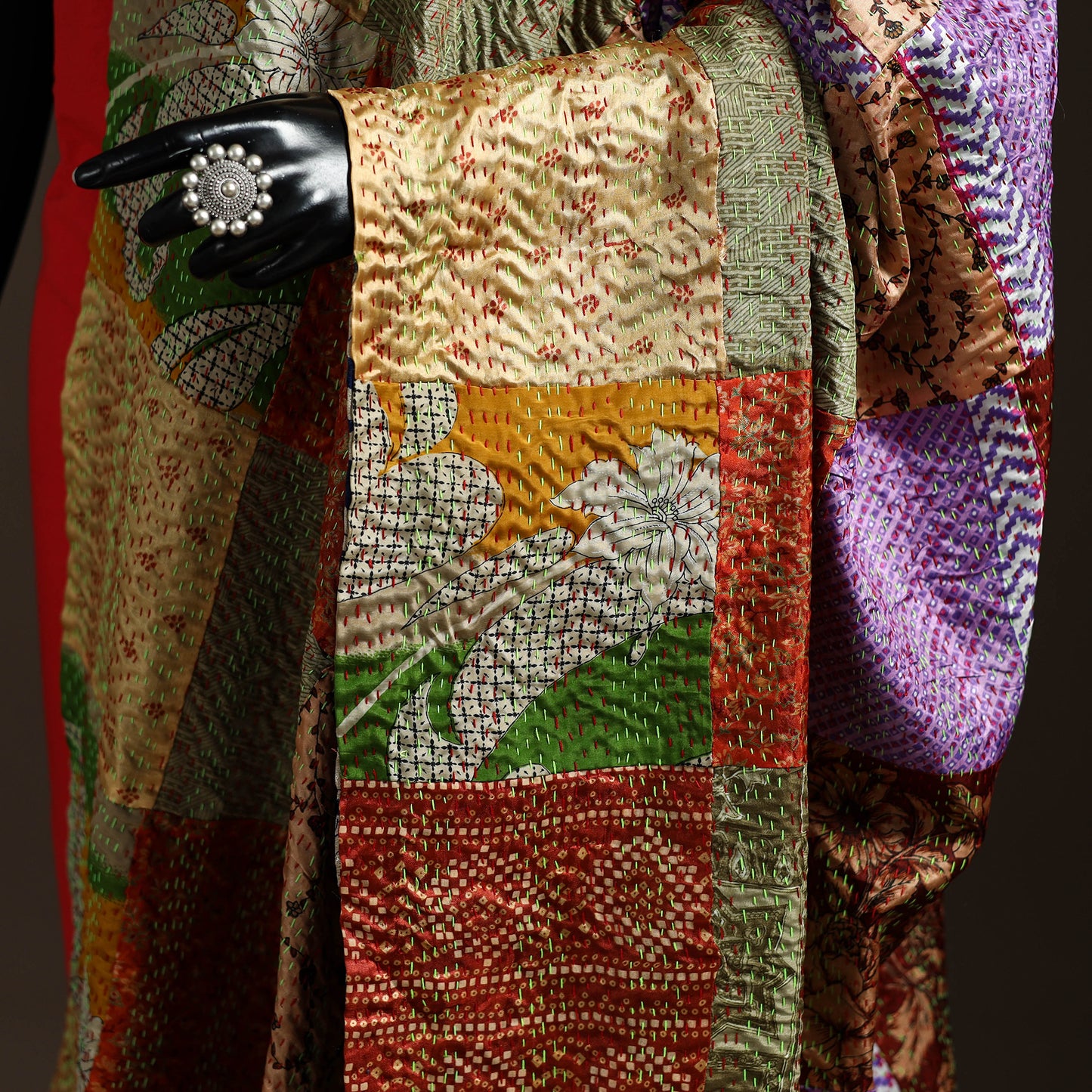 Bengal Hand Embroidery Patchwork Reversible Silk Kantha Dupatta 03