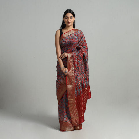 Natural Dyed Hand Block Print Dola Silk Ajrakh Saree 09