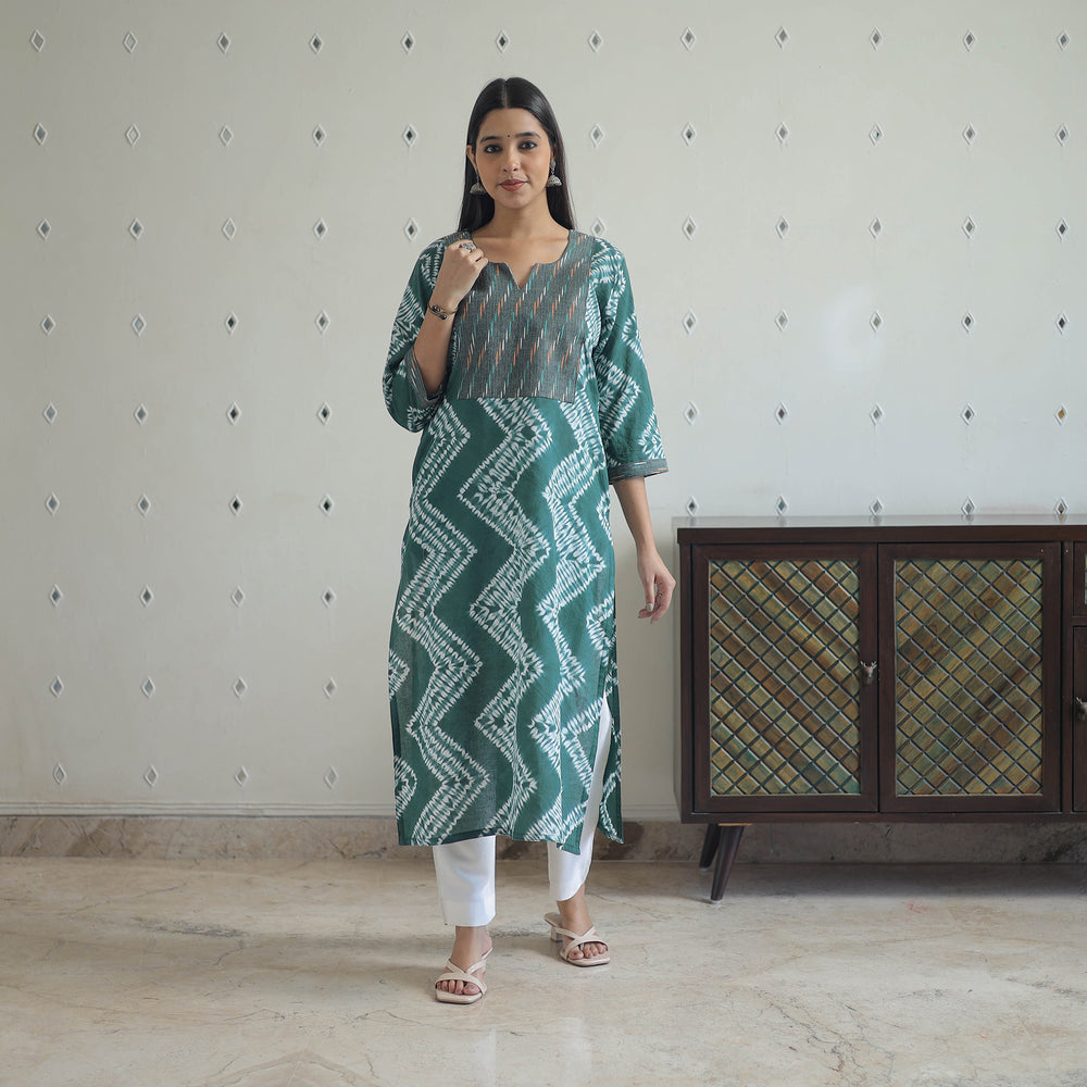 Green - Patchwork Tie & Dye Cotton Straight Shibori Kurta 10