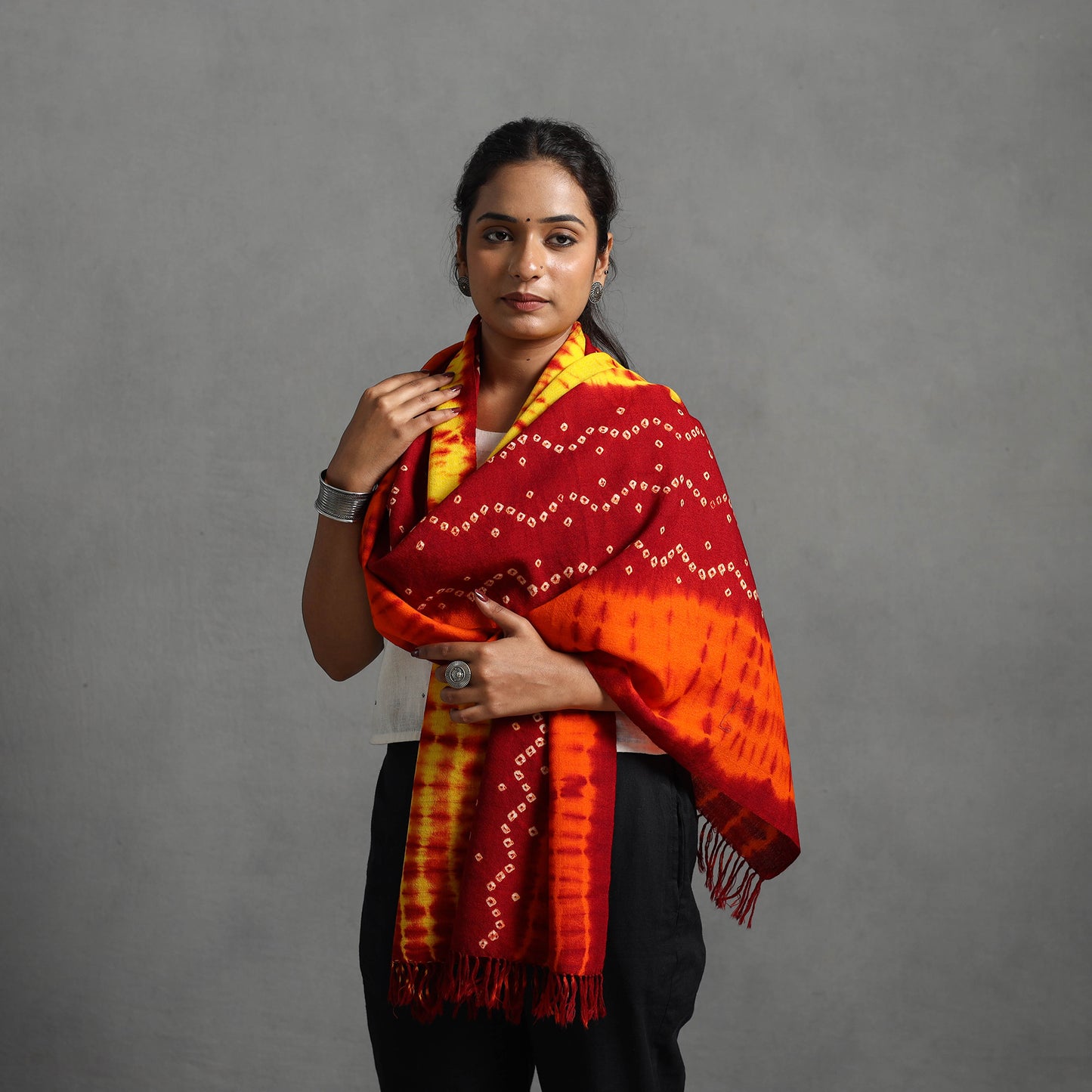 Orange - Kutch Handwoven Bandhani & Shibori Woolen Stole 33