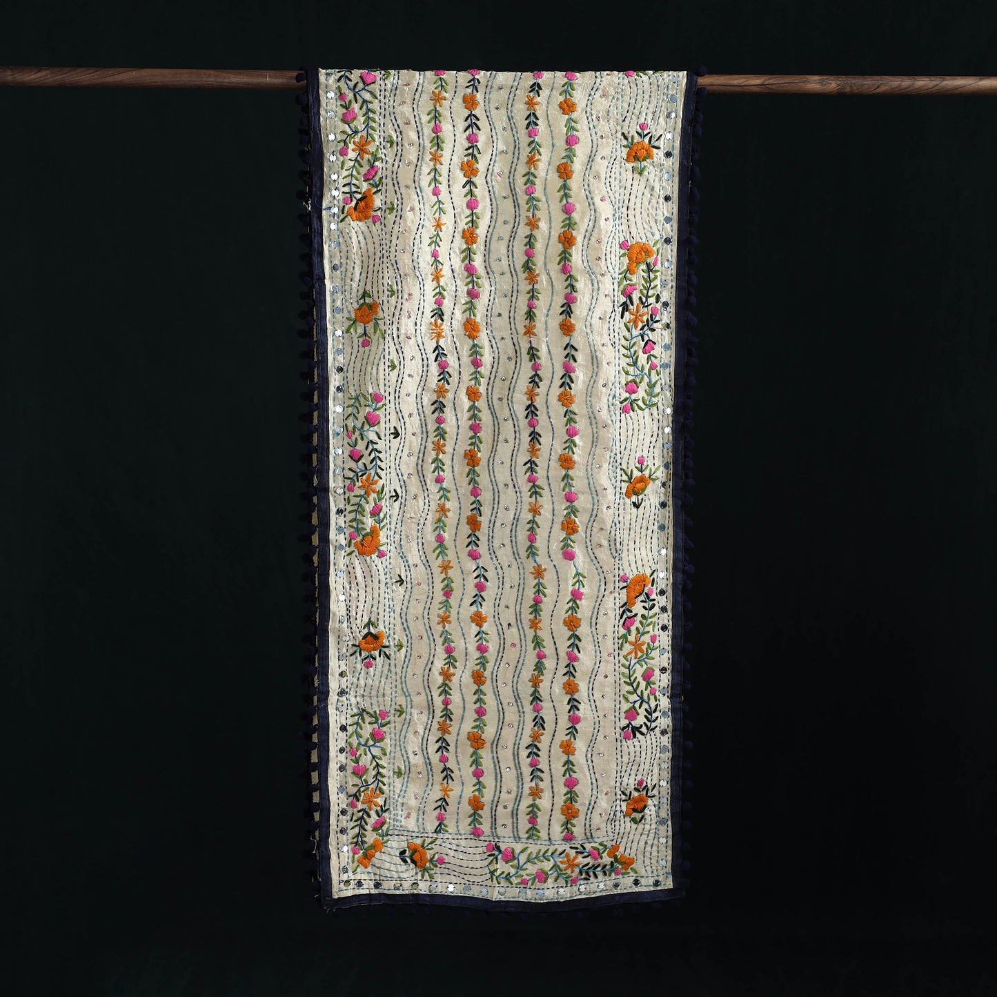 Ranihati Chanderi Silk Hand Embroidered Stole with Pom Pom 166