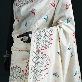 White - Bengal Hand Embroidery Silk Nakshi Kantha Saree 13
