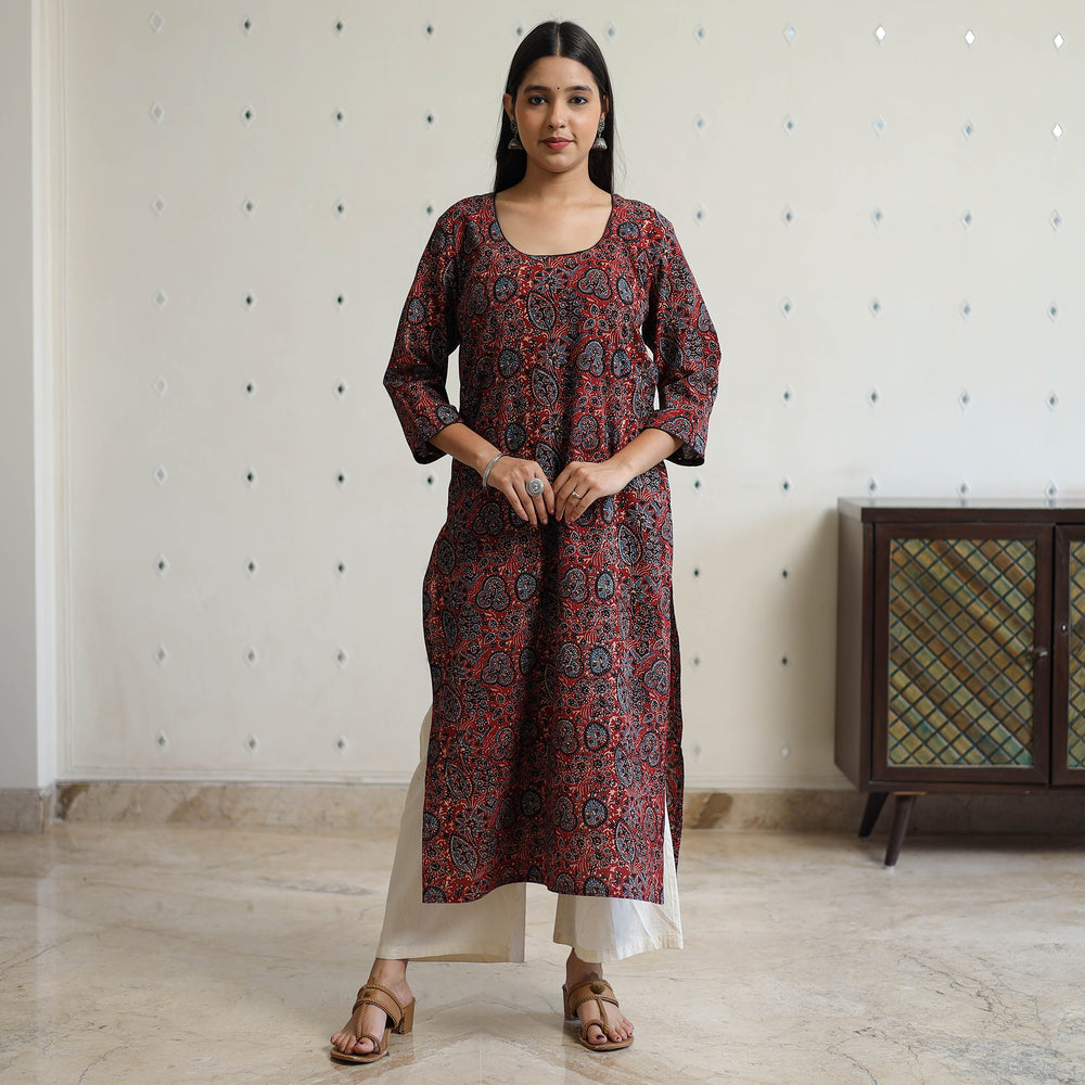 Red - Ajrakh Block Printed Cotton Straight Kurta 52