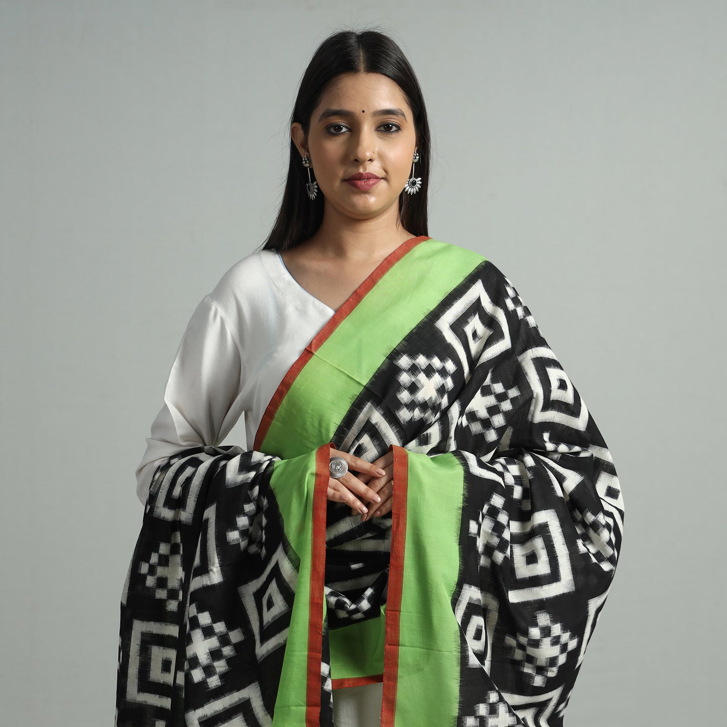 Black - Pochampally Double Ikat Cotton Handloom Dupatta with Tassels 68