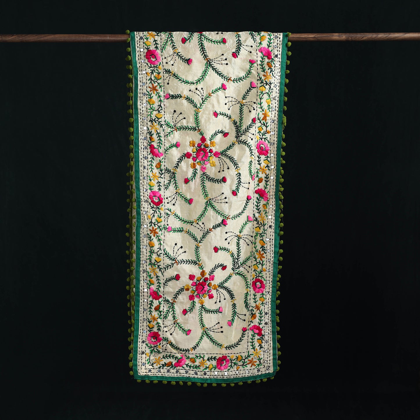 Ranihati Chanderi Silk Hand Embroidered Stole with Pom Pom 165