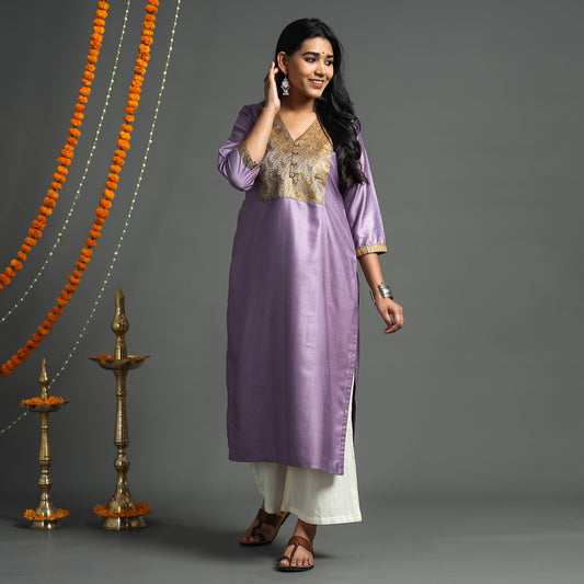 Light Purple - Plain Tussar Silk Handloom Banarasi Patchwork Straight Kurta