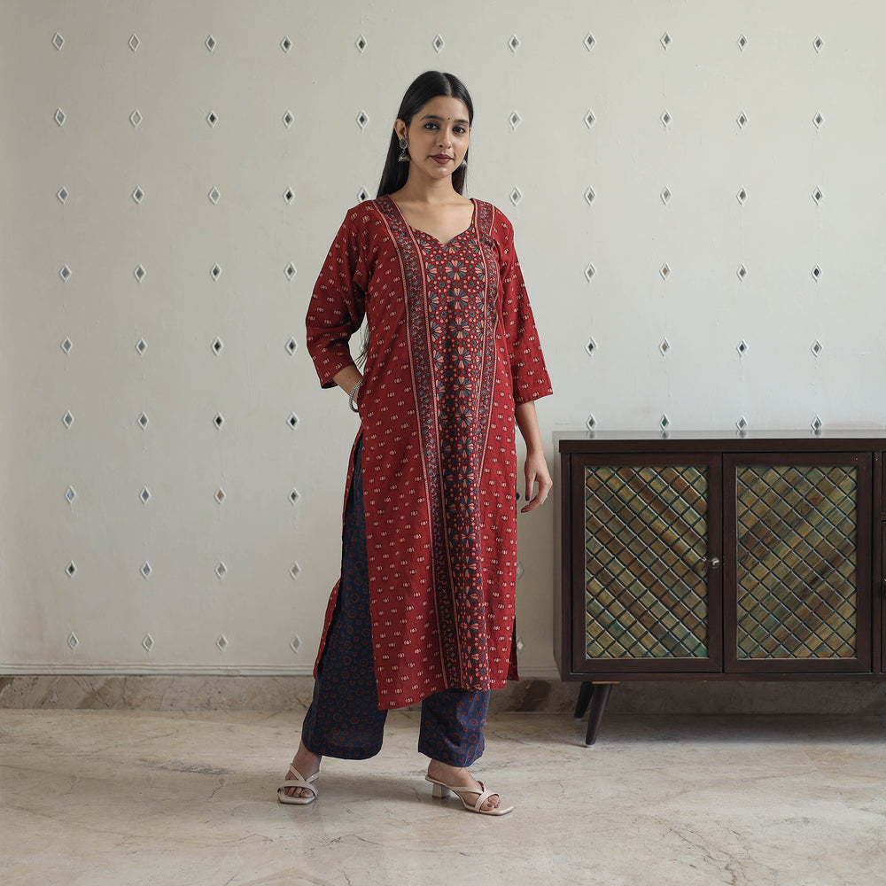 Red - Block Printed Cotton Ajrakh Kurta Set 04