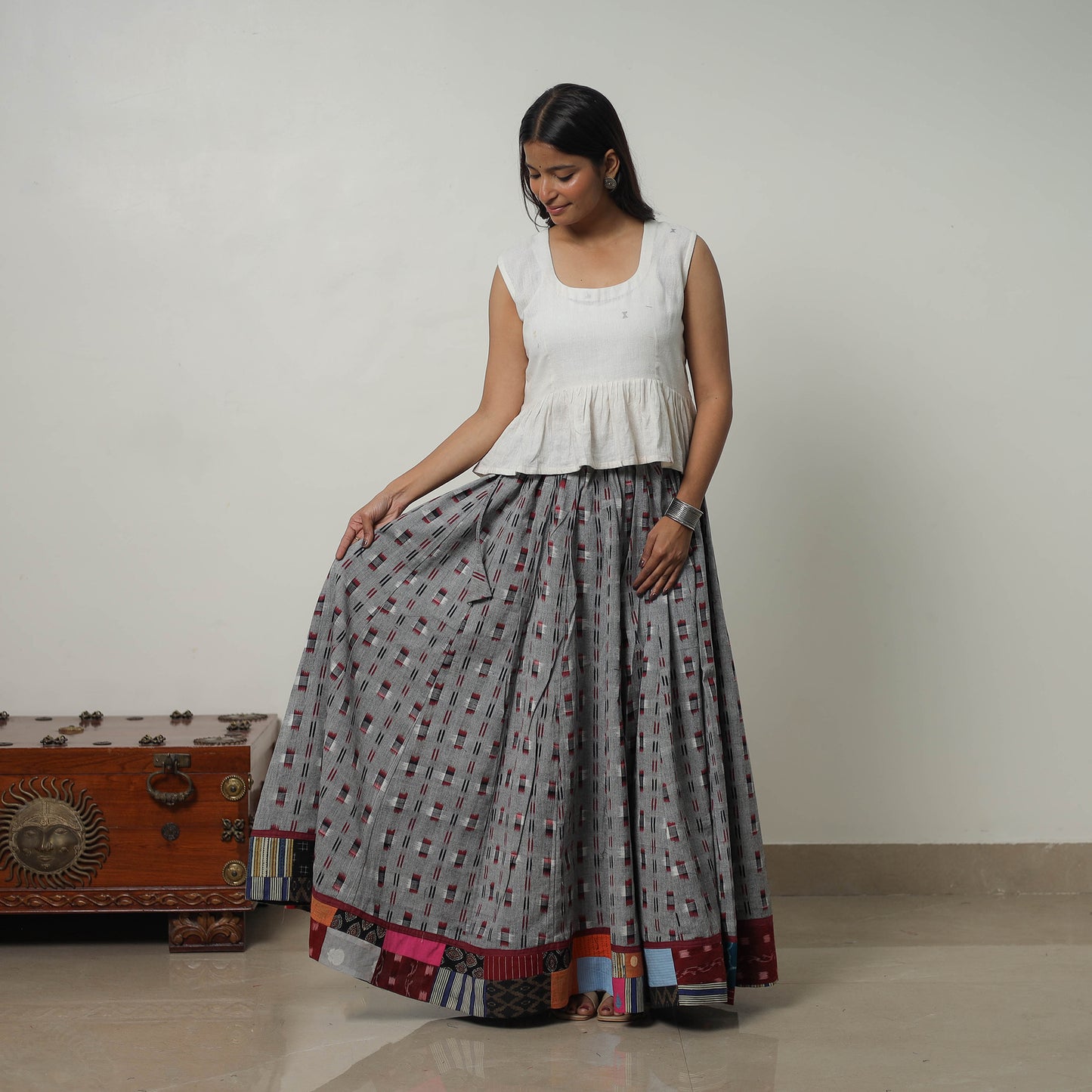 Grey - 24 Kali Cotton Pochampally Ikat Skirt with Border 29