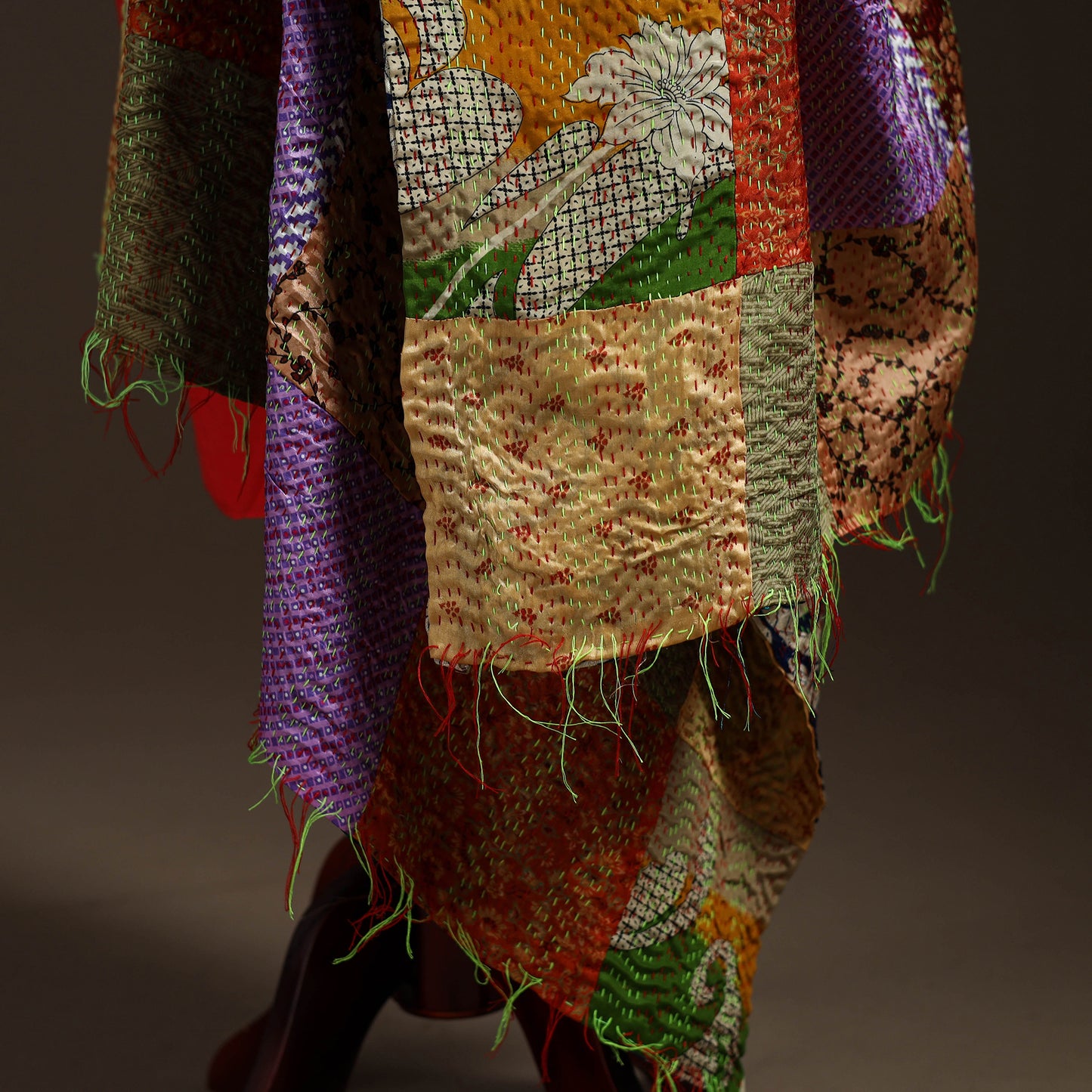 Bengal Hand Embroidery Patchwork Reversible Silk Kantha Dupatta 03