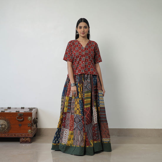 Multicolor - 24 Kali Patchwork Block Printed Cotton Ajrakh Skirt 58