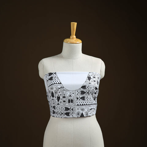 White - Bengal Kantha Hand Embroidered Cotton Blouse Piece 72