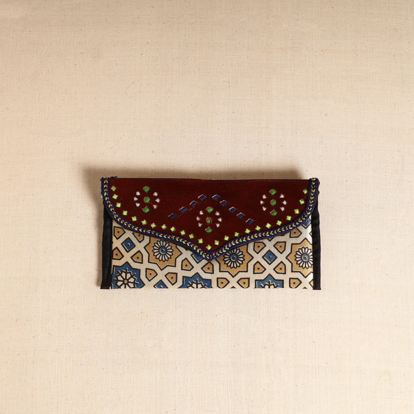Traditional Kutch Mashru Silk Leather Flap Clutch / Wallet 102