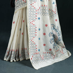 White - Bengal Hand Embroidery Silk Nakshi Kantha Saree 13