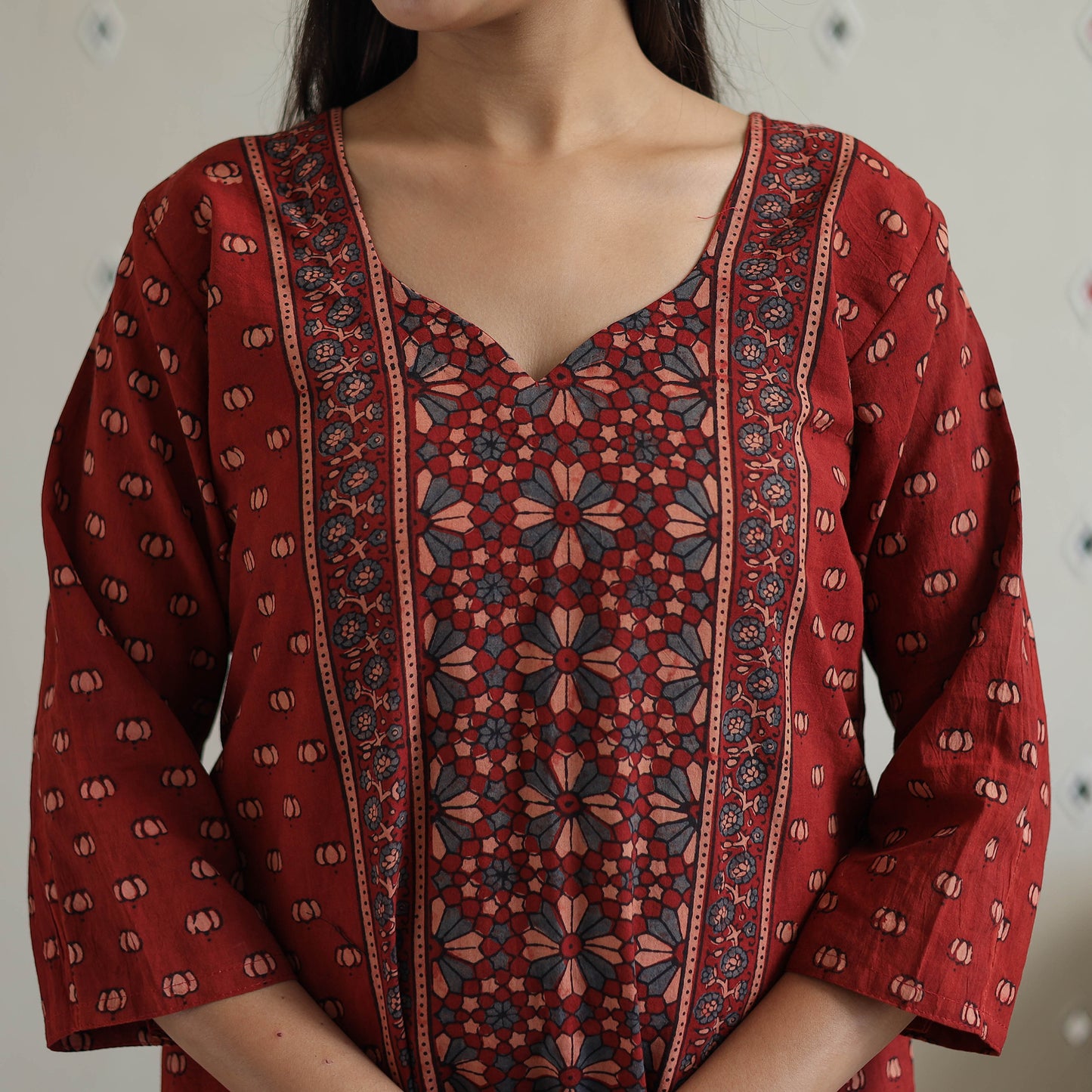 Red - Block Printed Cotton Ajrakh Kurta Set 04