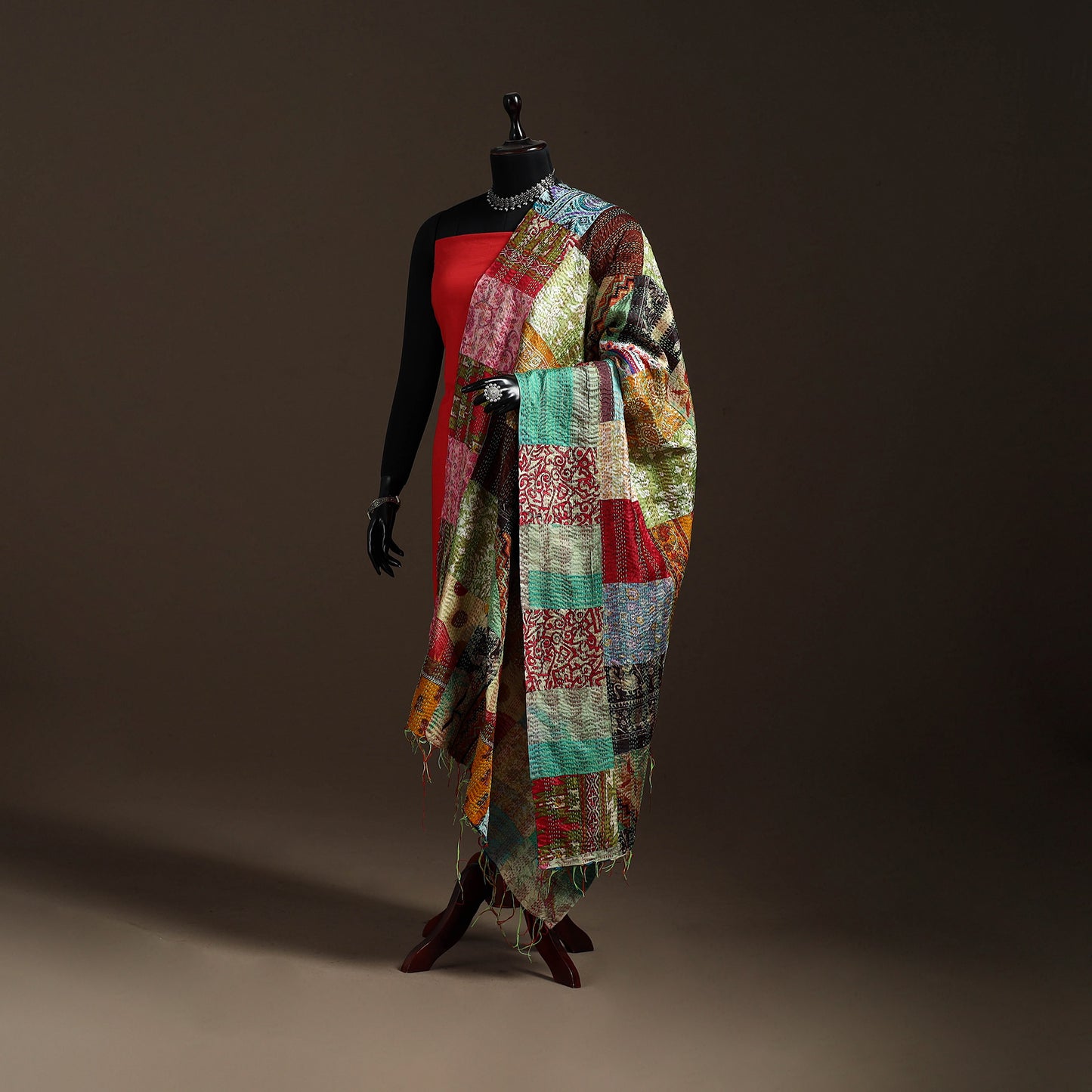 Multicolor - Bengal Hand Embroidery Patchwork Reversible Silk Kantha Dupatta 04