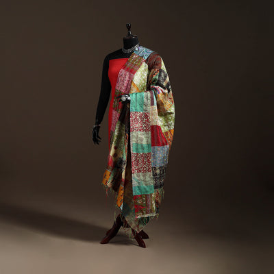 Multicolor - Bengal Hand Embroidery Patchwork Reversible Silk Kantha Dupatta 04
