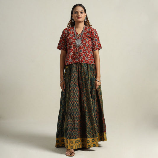 Green - Ajrakh Block Printed 24 Kali Patchwork Cotton Long Skirt 78