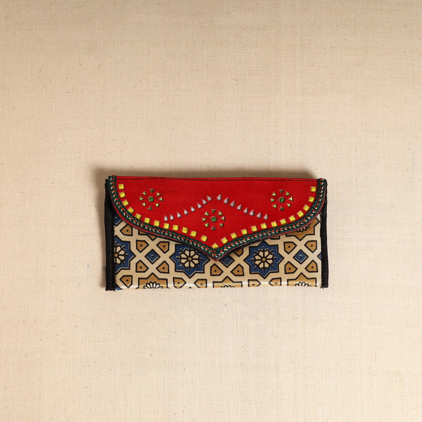 Traditional Kutch Mashru Silk Leather Flap Clutch / Wallet 101
