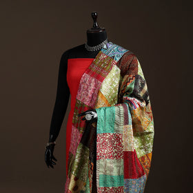 Multicolor - Bengal Hand Embroidery Patchwork Reversible Silk Kantha Dupatta 04