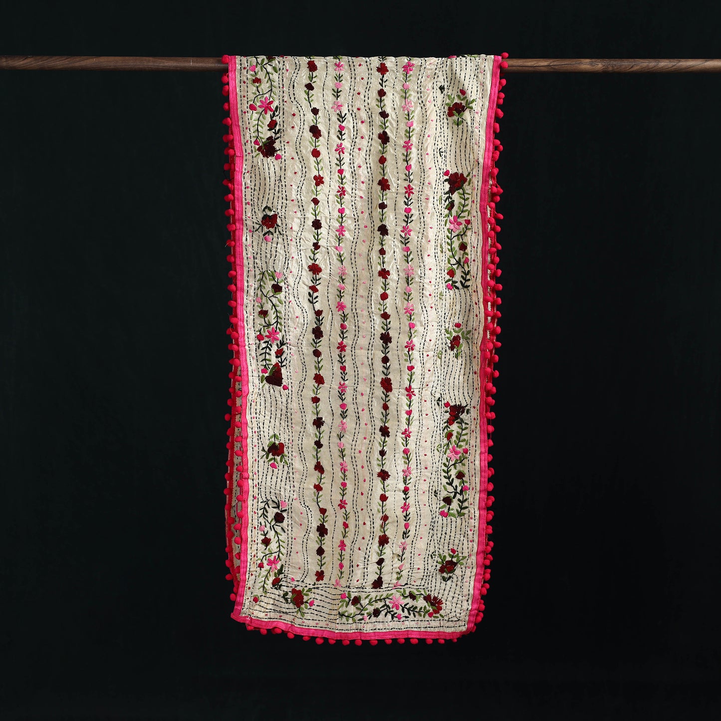 Ranihati Chanderi Silk Hand Embroidered Stole with Pom Pom 162