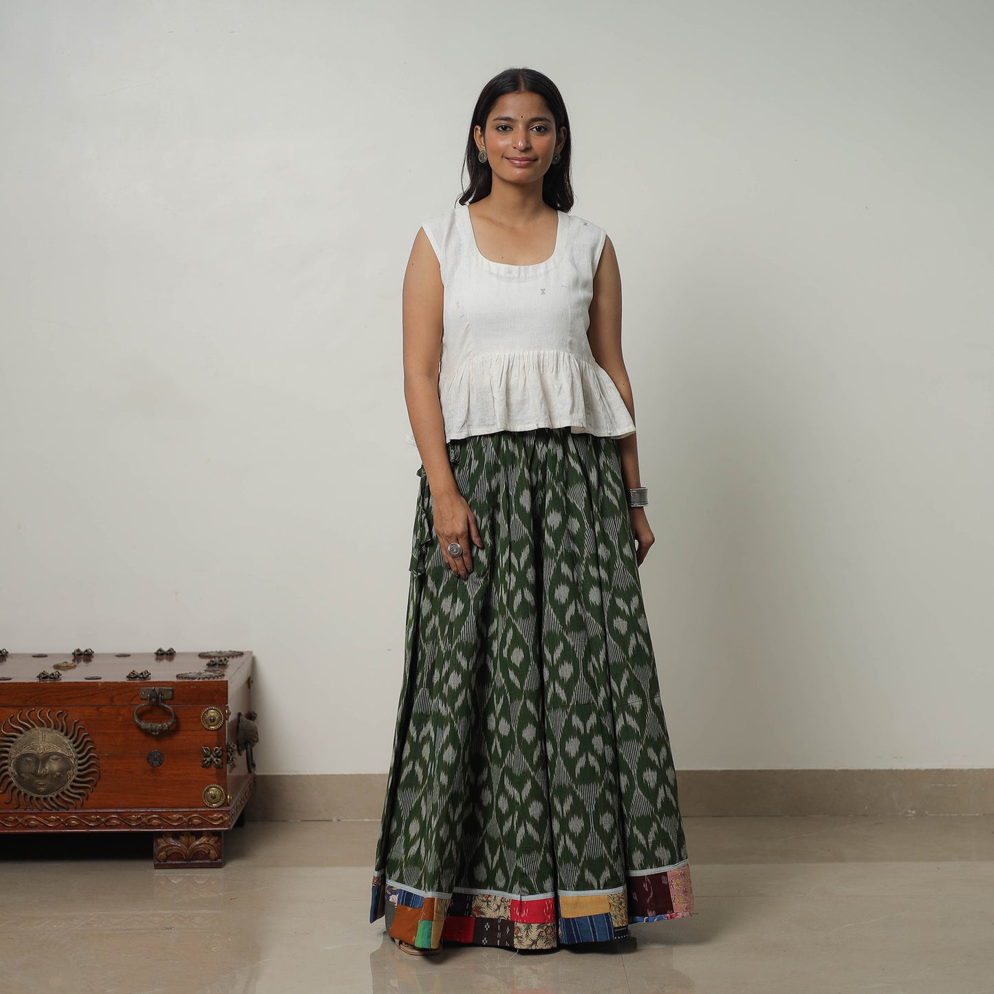 Green - 24 Kali Cotton Pochampally Ikat Skirt with Border 31