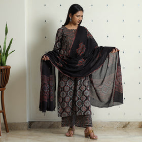 Black - Ajrakh Block Printed Cotton Kurta with Palazzo & Dupatta Set