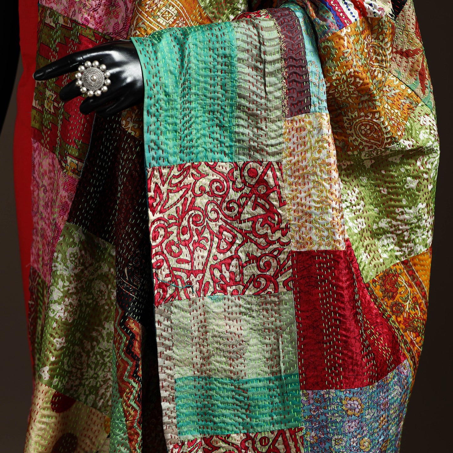 Multicolor - Bengal Hand Embroidery Patchwork Reversible Silk Kantha Dupatta 04