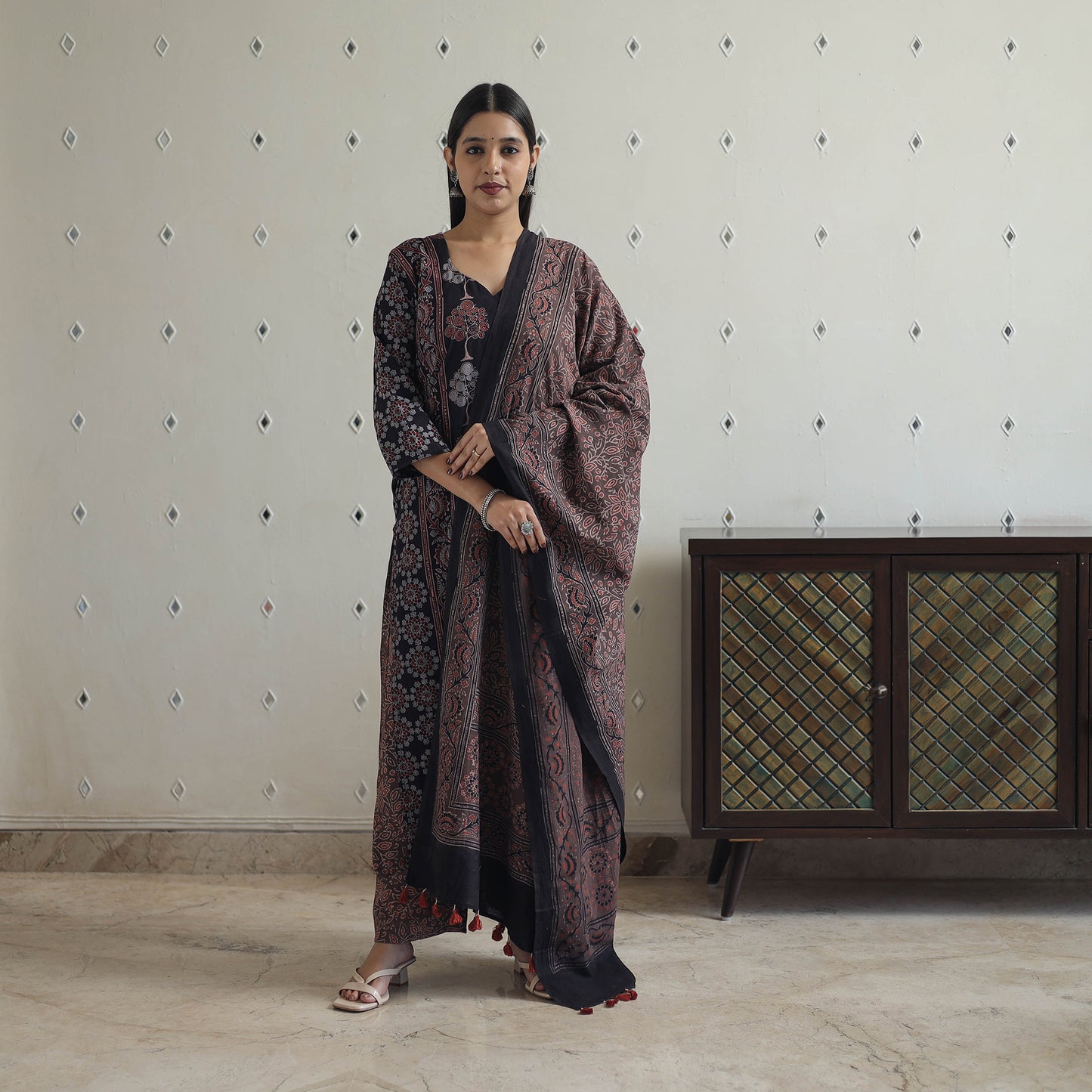 Black - Block Printed Cotton Ajrakh Kurta Set 07