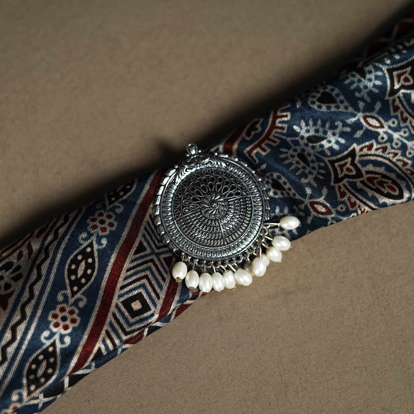 Ajrakh Hand Block Print Natural Dyed Modal Silk Brooch Scarf 15