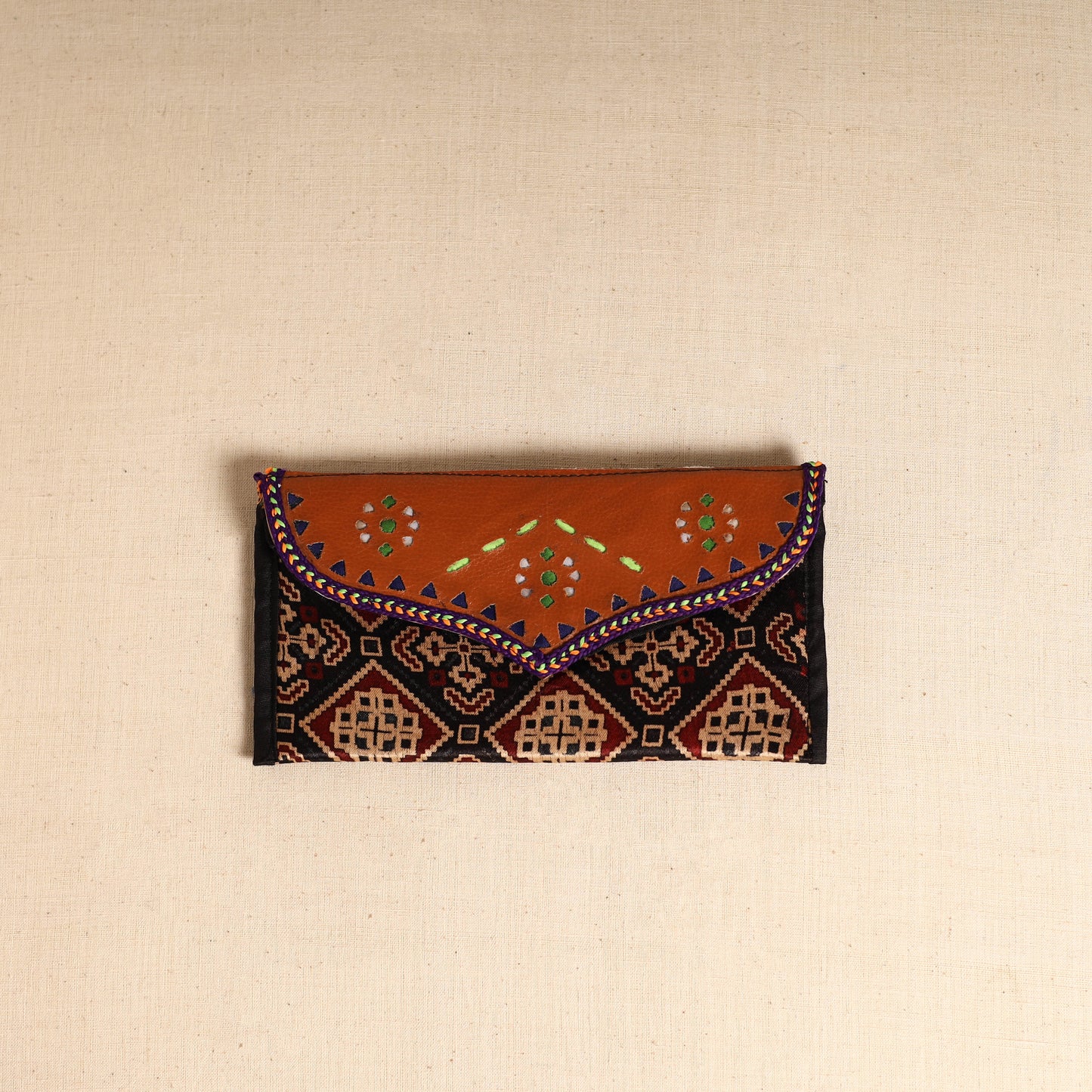 Traditional Kutch Mashru Silk Leather Flap Clutch / Wallet 99