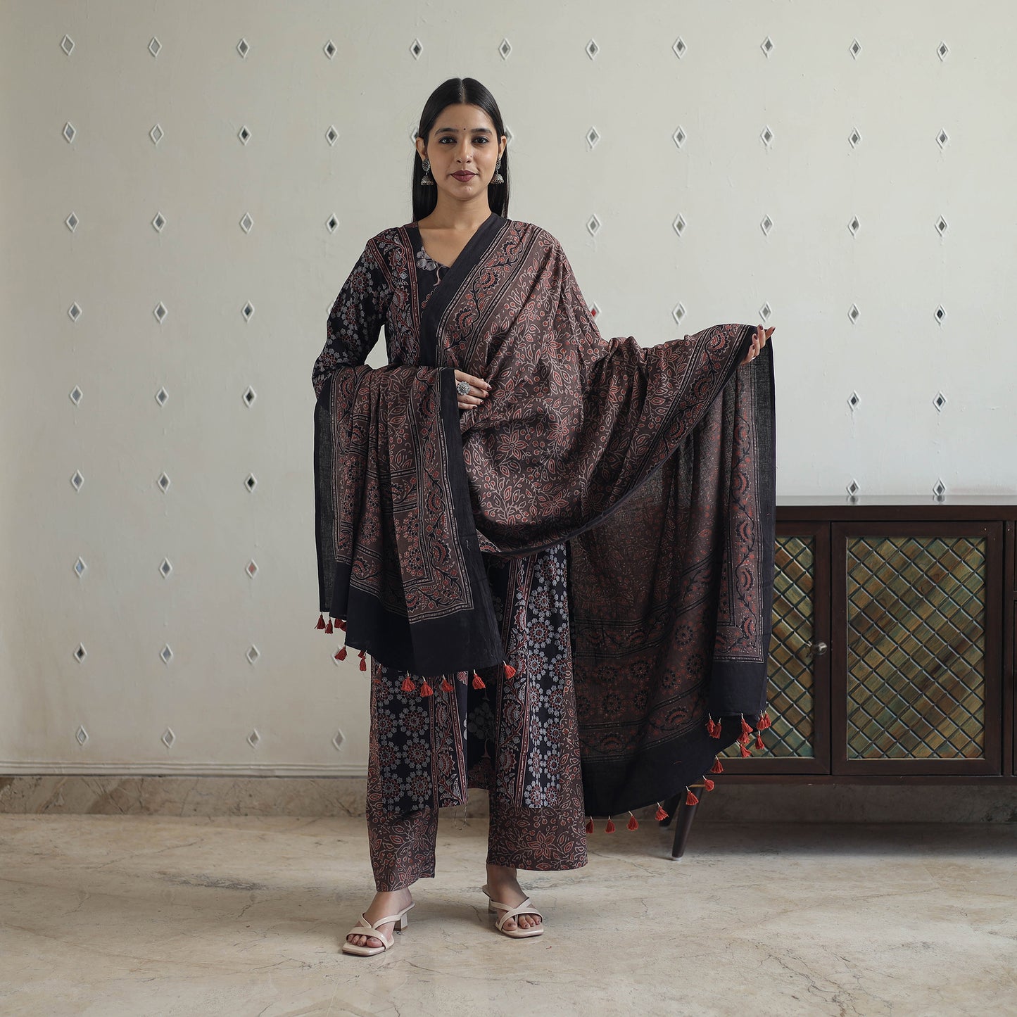 Black - Block Printed Cotton Ajrakh Kurta Set 07