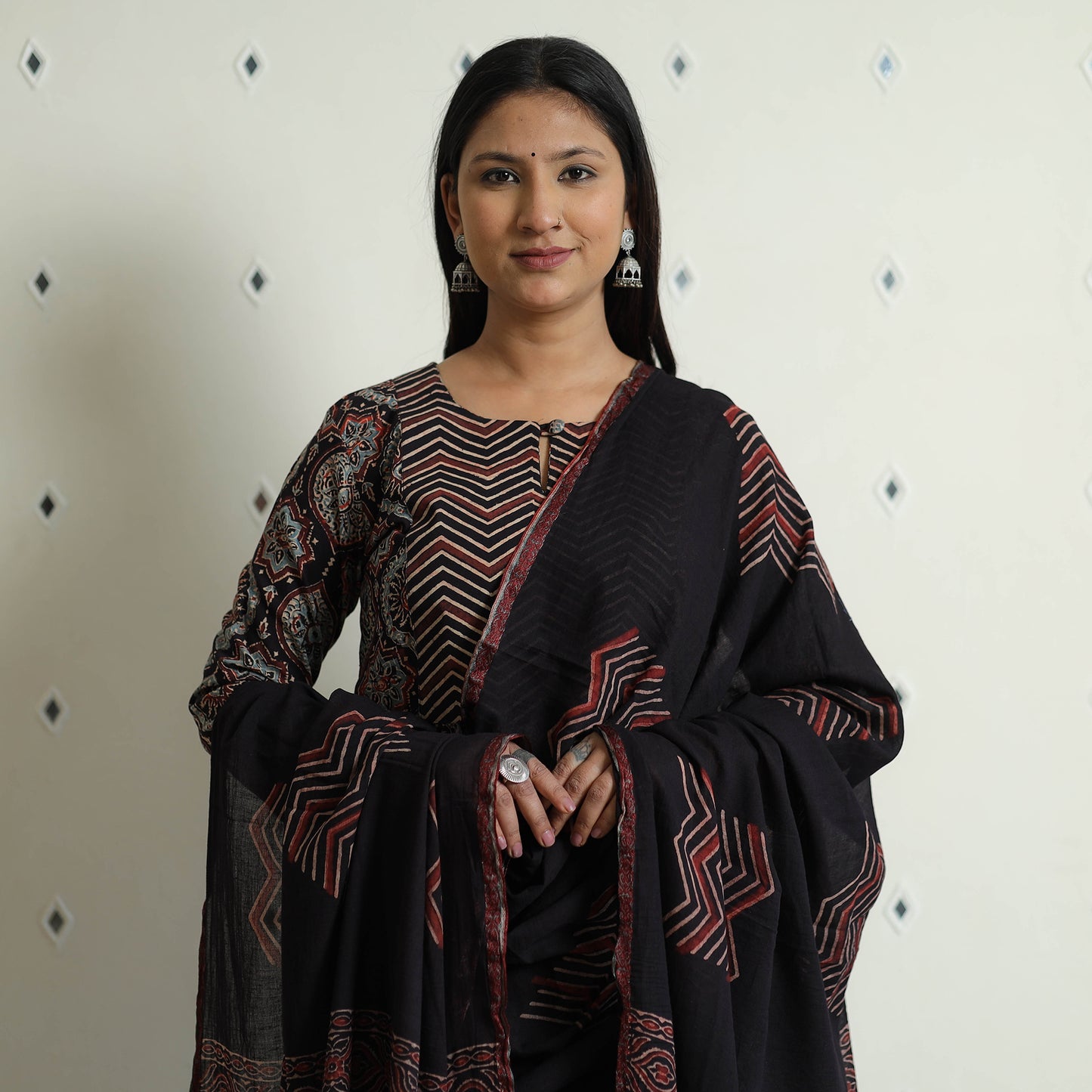Black - Ajrakh Block Printed Cotton Kurta with Palazzo & Dupatta Set