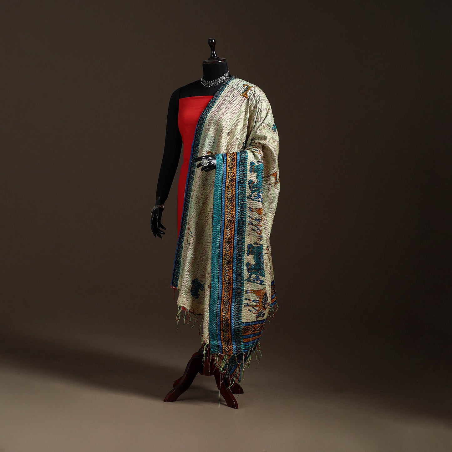 Multicolor - Bengal Hand Embroidery Patchwork Reversible Silk Kantha Dupatta 04