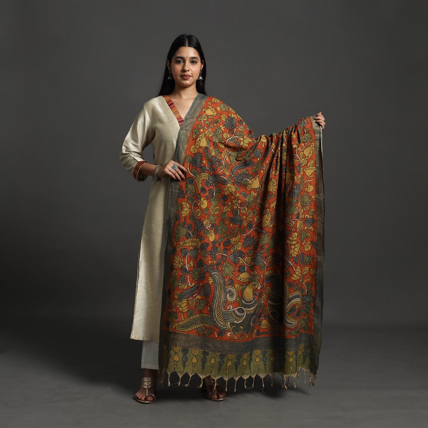 Orange - mangalagiri cotton handpainted pen work kalamkari