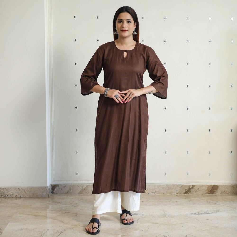 Dark Brown - Linen Viscose Plain Long Straight Kurta 43