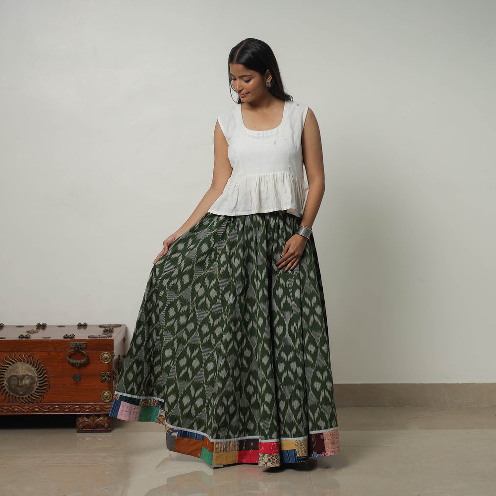 Green - 24 Kali Cotton Pochampally Ikat Skirt with Border 31