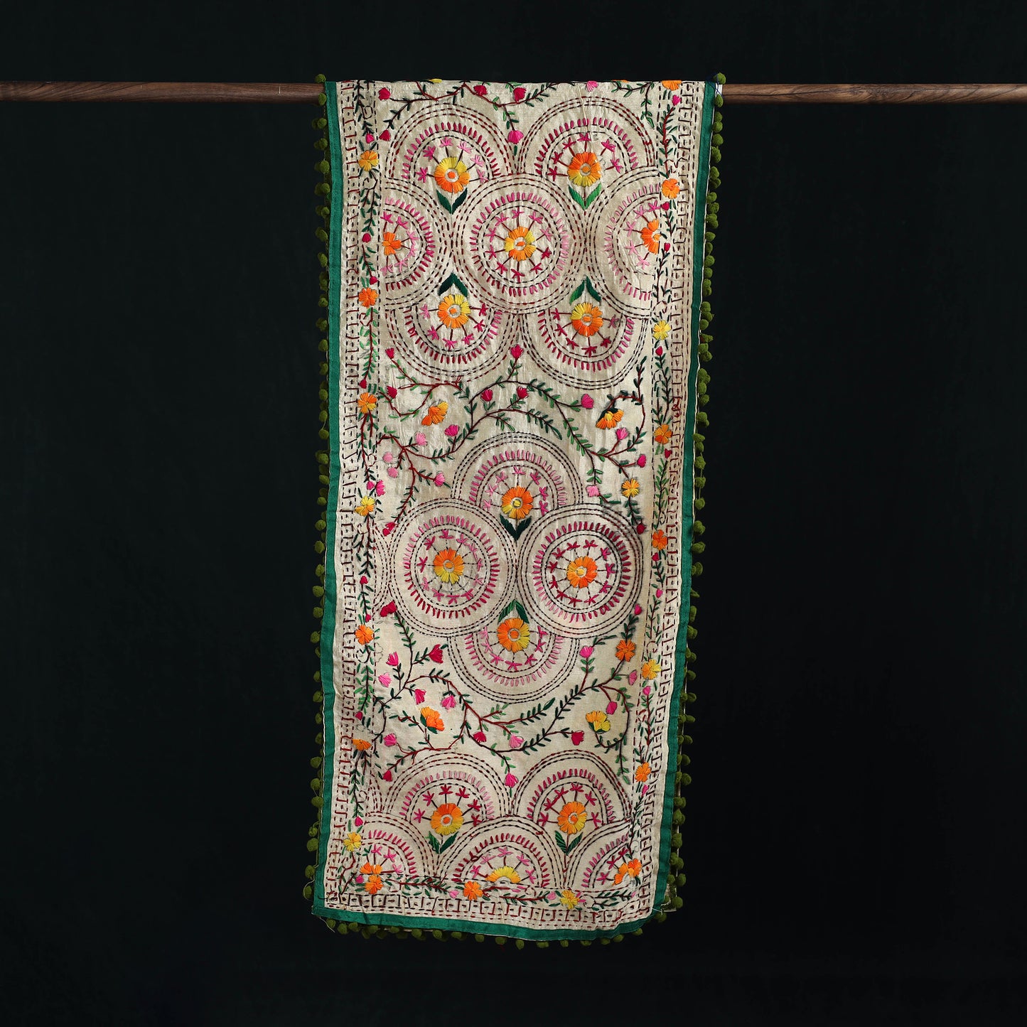 Ranihati Chanderi Silk Hand Embroidered Stole with Pom Pom 159