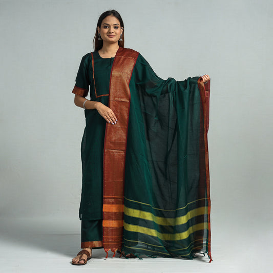 Dark Green - Dharwad Cotton Kurta with Palazzo & Dupatta Set