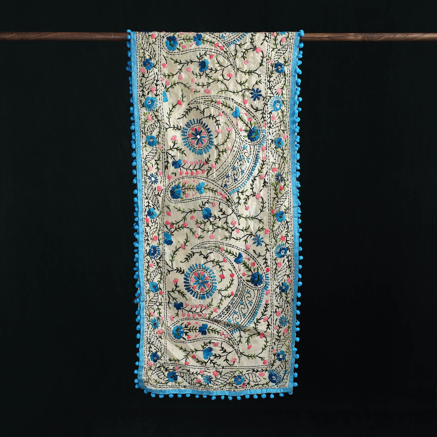 Ranihati Chanderi Silk Hand Embroidered Stole with Pom Pom 158