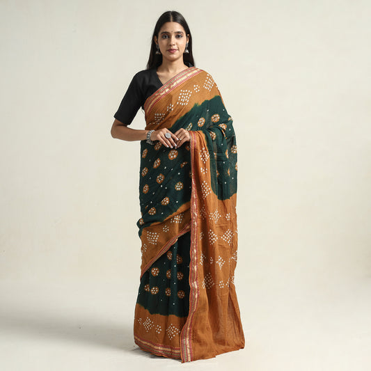 Brown - Kutch Bandhani Tie-Dye Cotton Saree with Blouse Piece