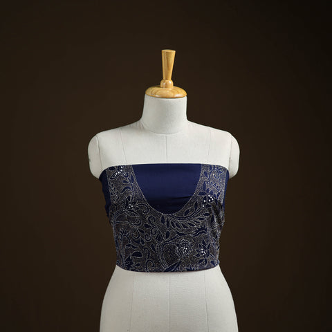Blue - Bengal Kantha Hand Embroidered Cotton Blouse Piece 78
