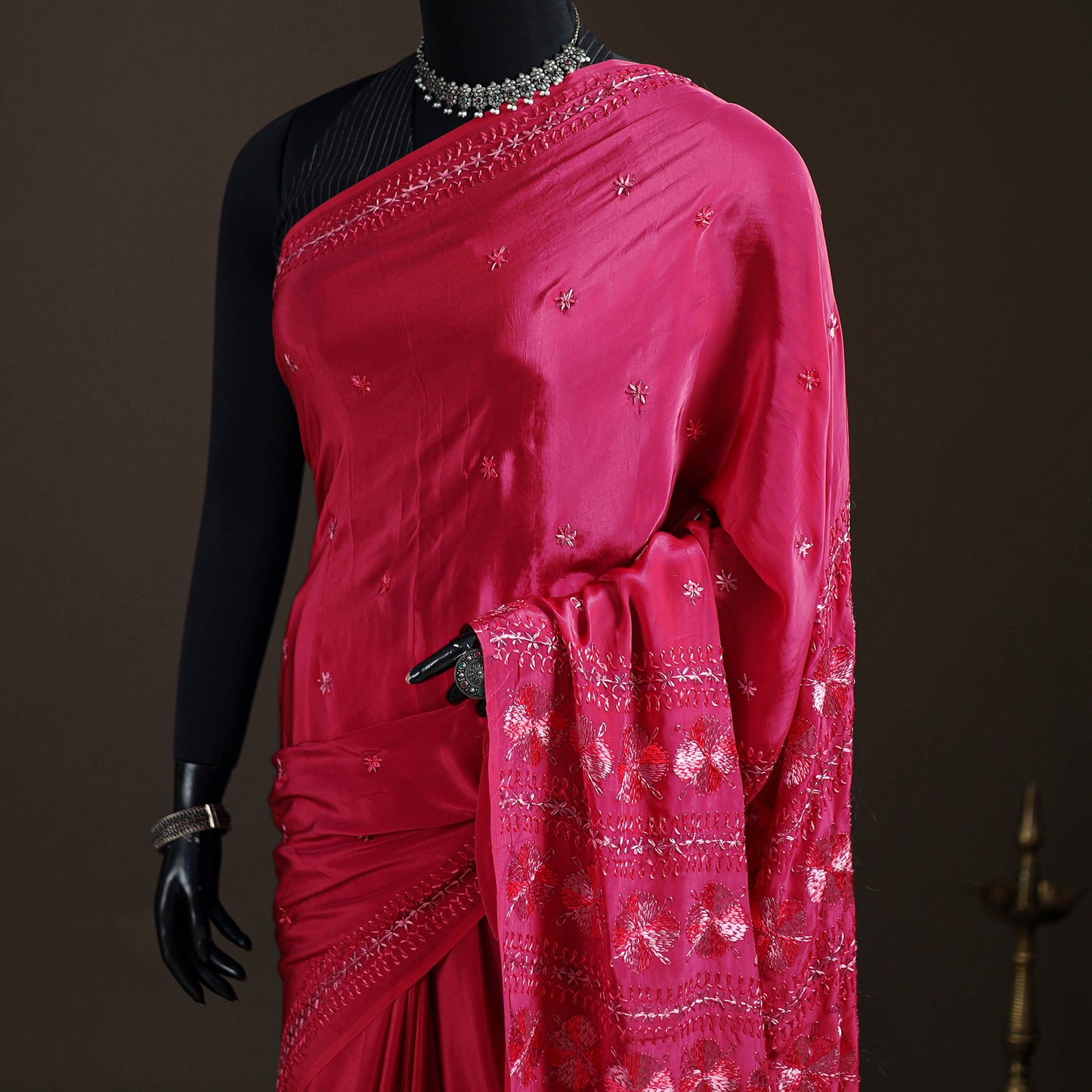 Chinon Silk Hand Embroidery Phulkari Saree 01