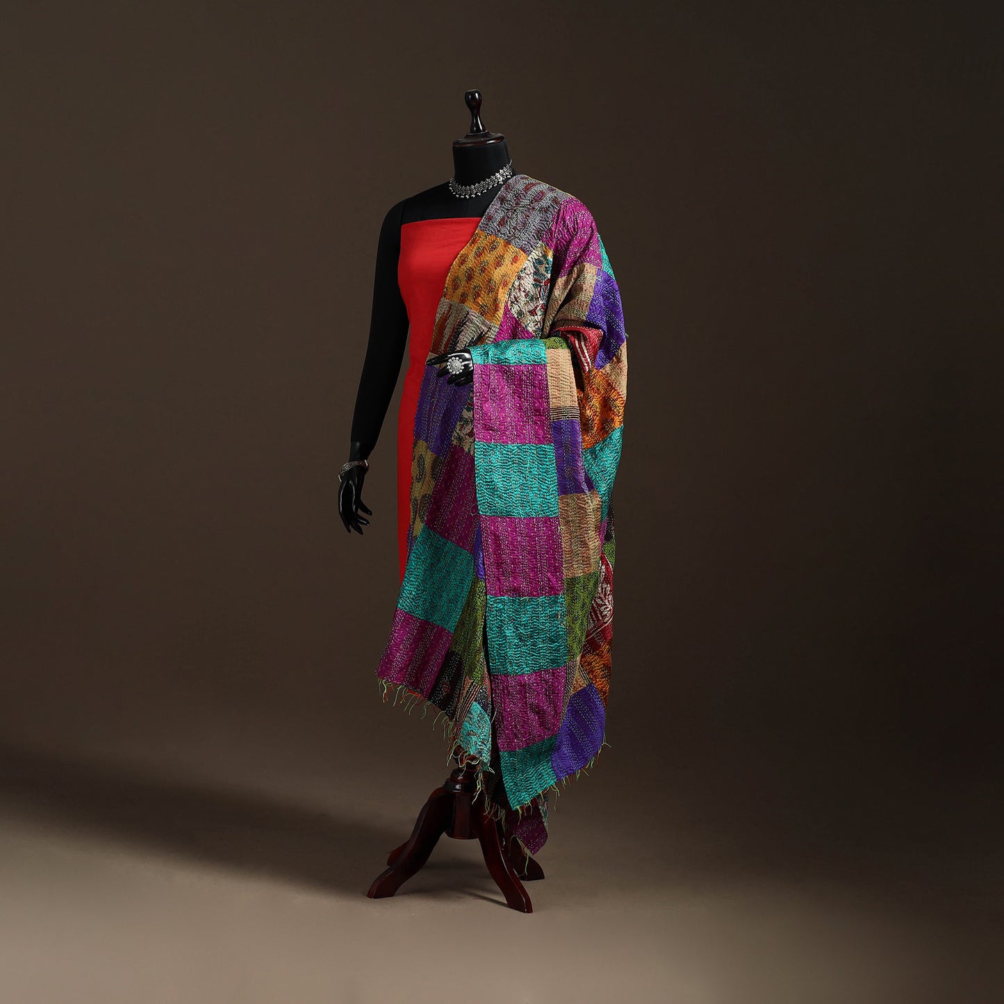 Multicolor - Bengal Hand Embroidery Patchwork Reversible Silk Kantha Dupatta 05