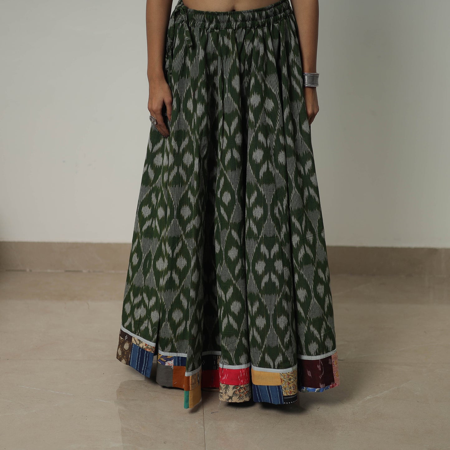 Green - 24 Kali Cotton Pochampally Ikat Skirt with Border 31