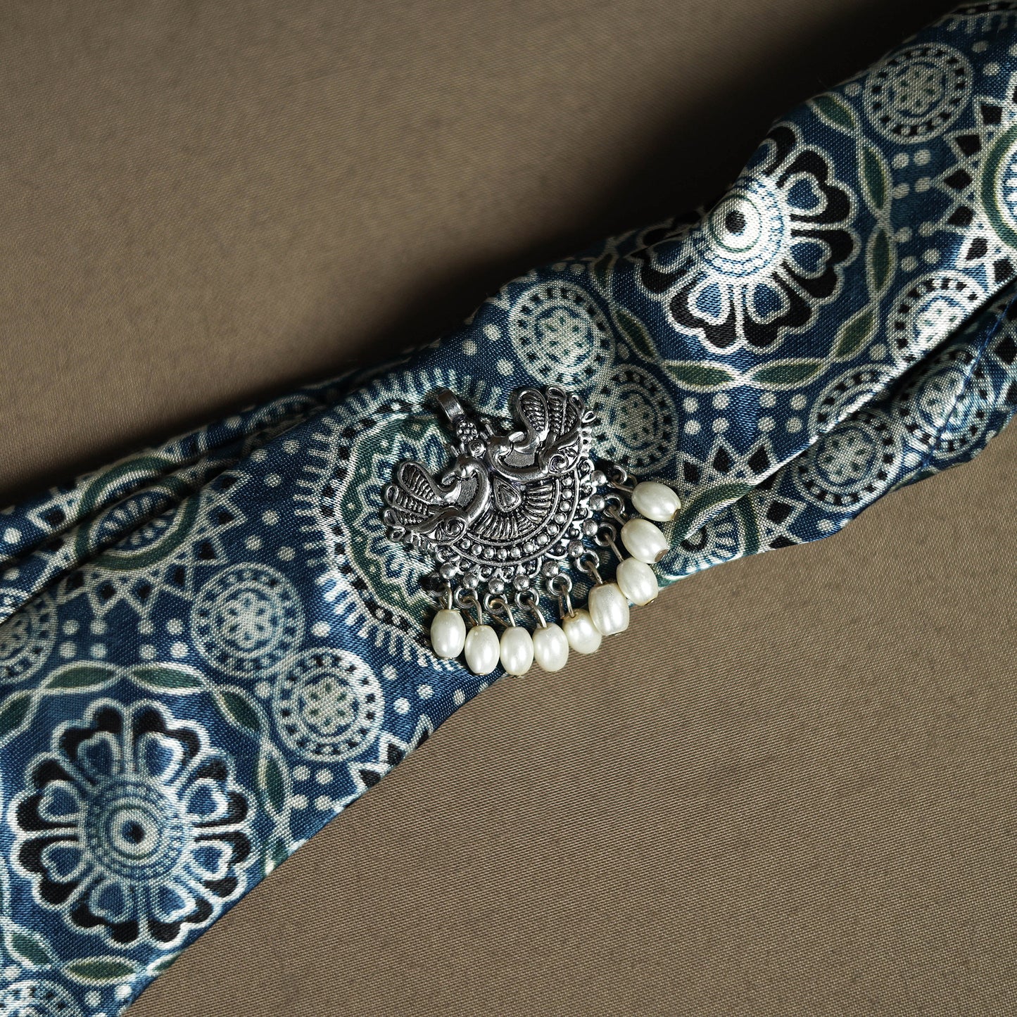 Ajrakh Hand Block Print Natural Dyed Modal Silk Brooch Scarf 18