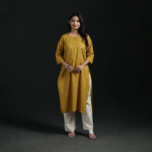 Yellow - Jacquard Cotton Straight Long Kurta for Women 09
