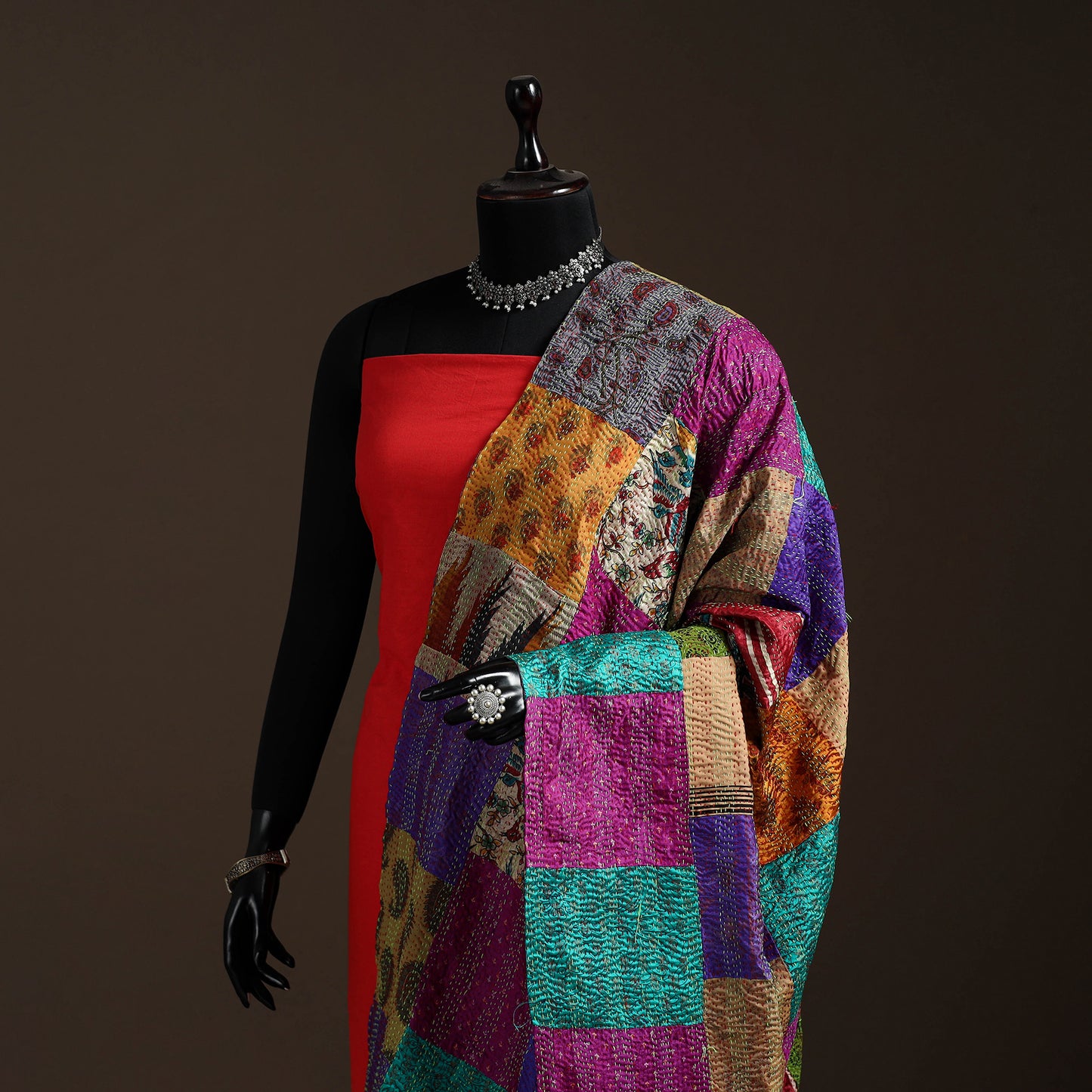 Multicolor - Bengal Hand Embroidery Patchwork Reversible Silk Kantha Dupatta 05