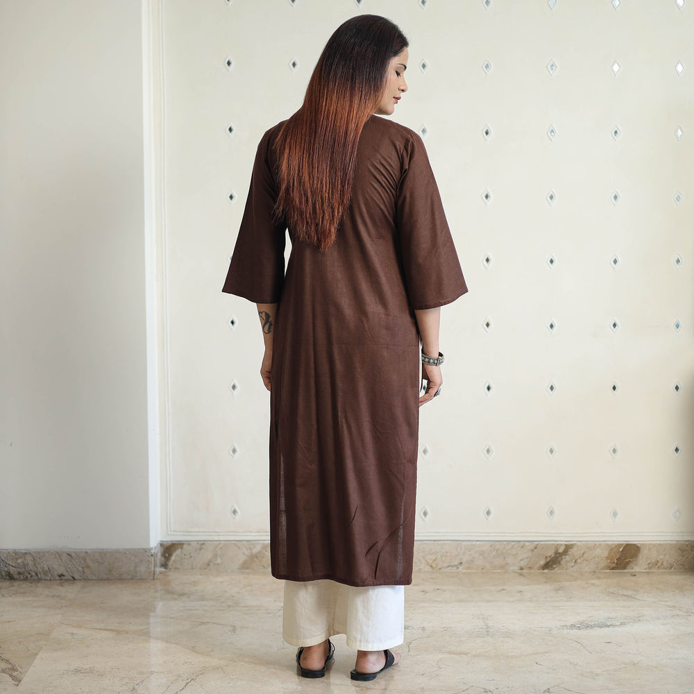 Dark Brown - Linen Viscose Plain Long Straight Kurta 43